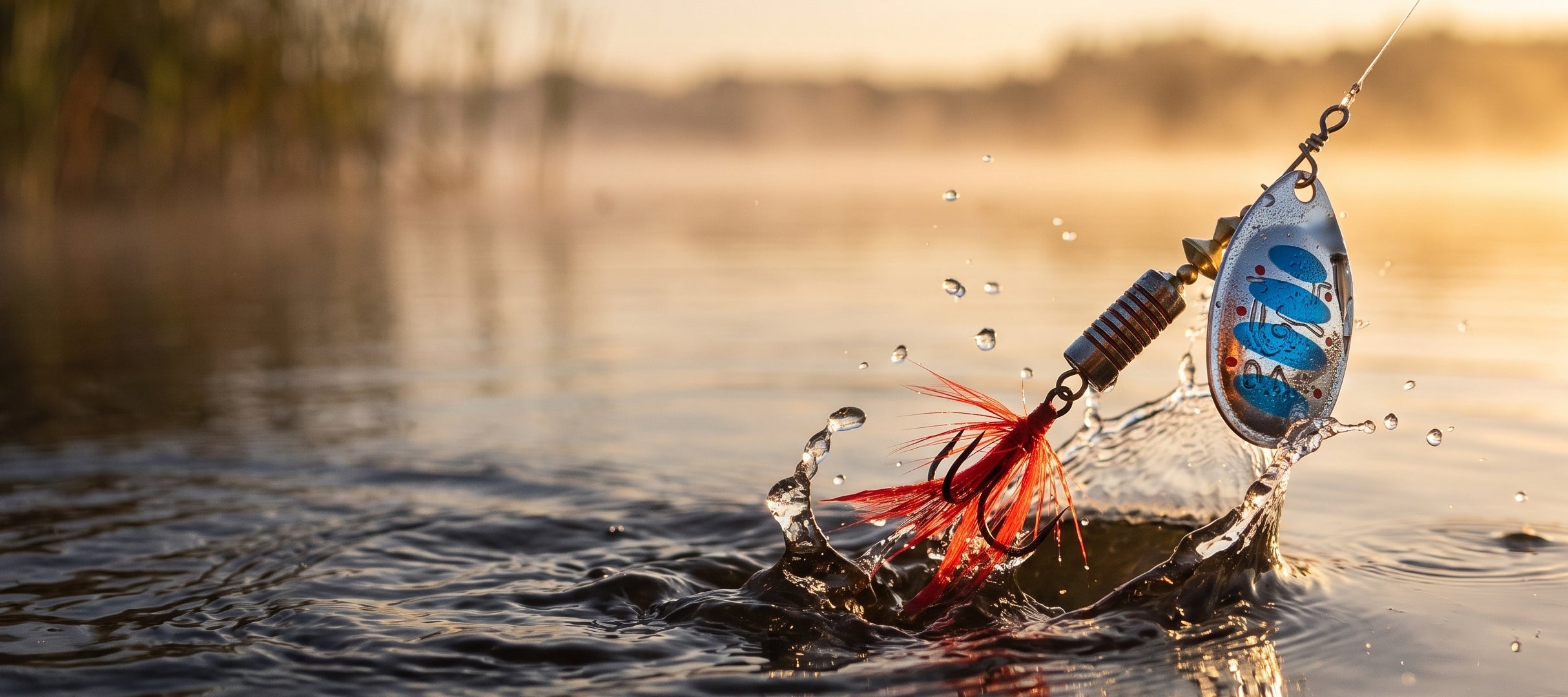 A close-up action shot of a fishing lure splashing in water at sunrise or sunset. The lure has a blue and silver spinner blade with red and orange skirt strands, set against a blurred lake background.