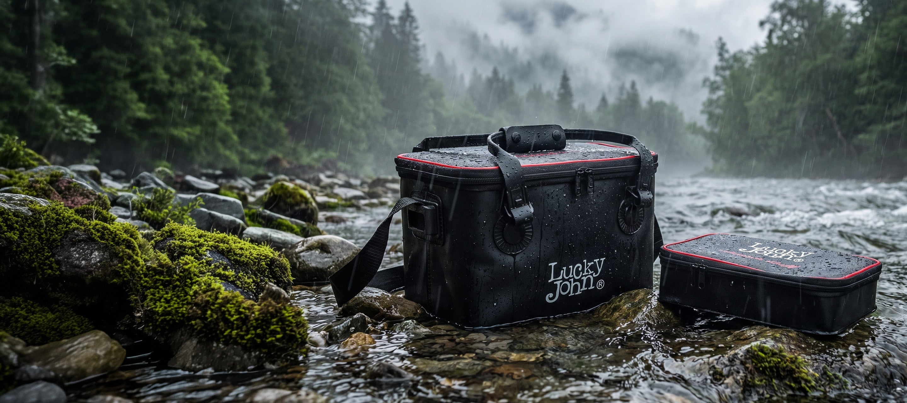 A black Lucky Jolly waterproof tackle box with red trim stands on a rocky stream in a misty forest setting, with a matching lid placed beside it.