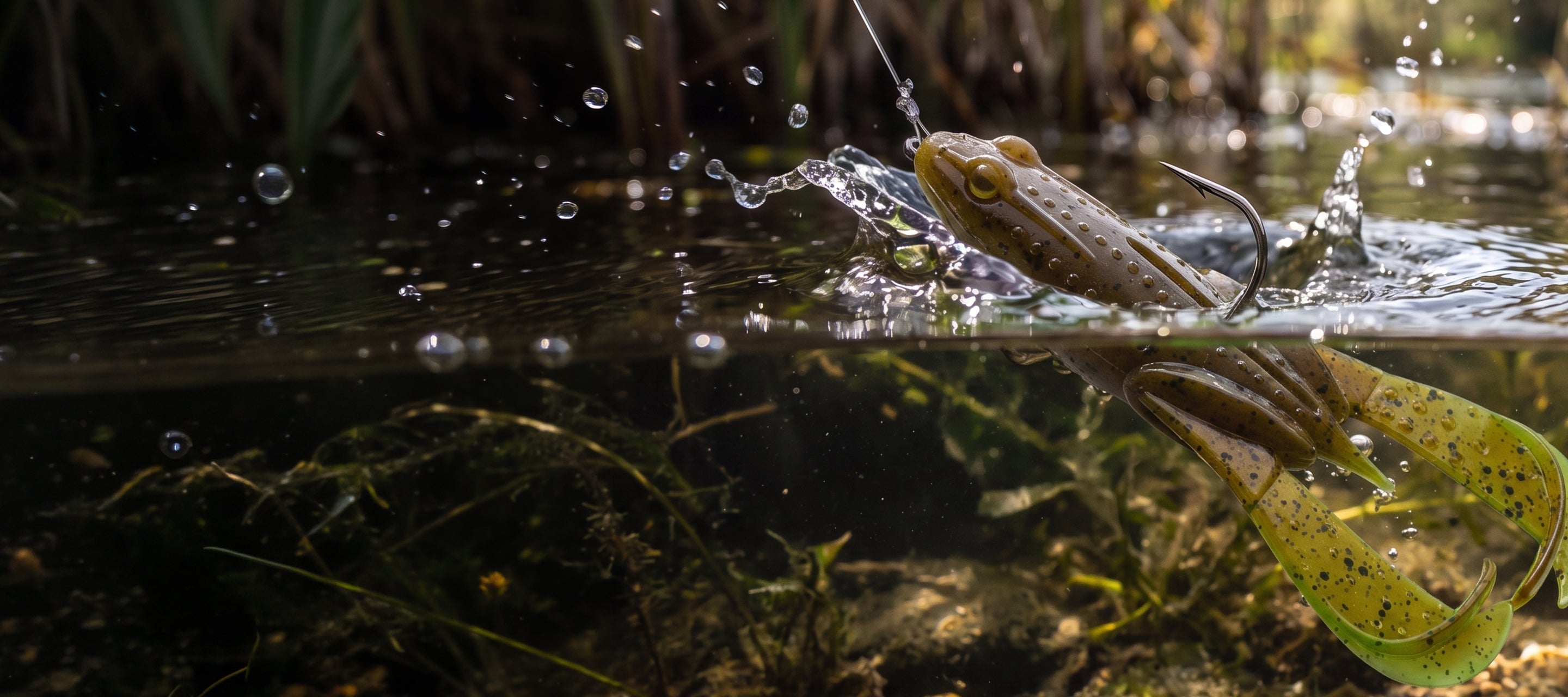 A close-up action shot of a fishing lure splashing through water near the surface, with a fish biting the hook. The lure has a tan and olive-brown body with a bright yellow-green tail and dark spots, set against a natural outdoor pond background with reeds and aquatic plants.