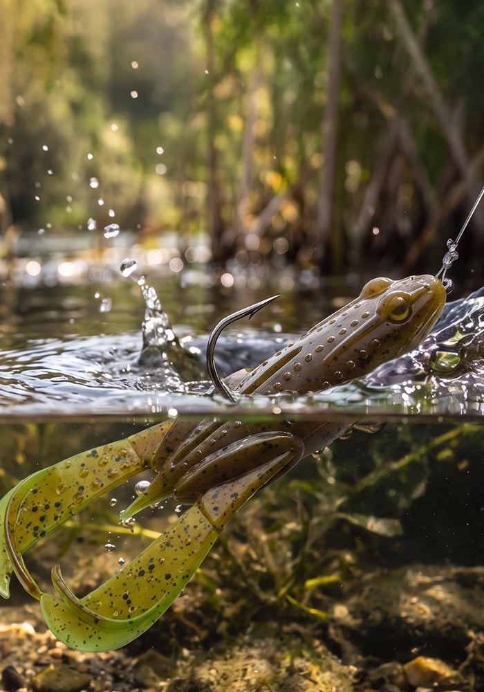 Soft plastic fishing lure shaped like a small frog, partially submerged in shallow water with ripples and splashes, and a blurred natural shoreline in the background.