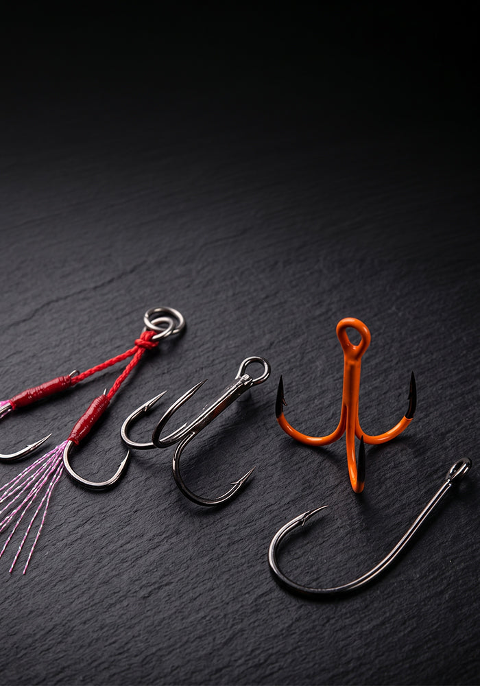 Four fishing hooks arranged on a dark textured surface, including two silver treble hooks with red and pink line wraps and two orange treble hooks.
