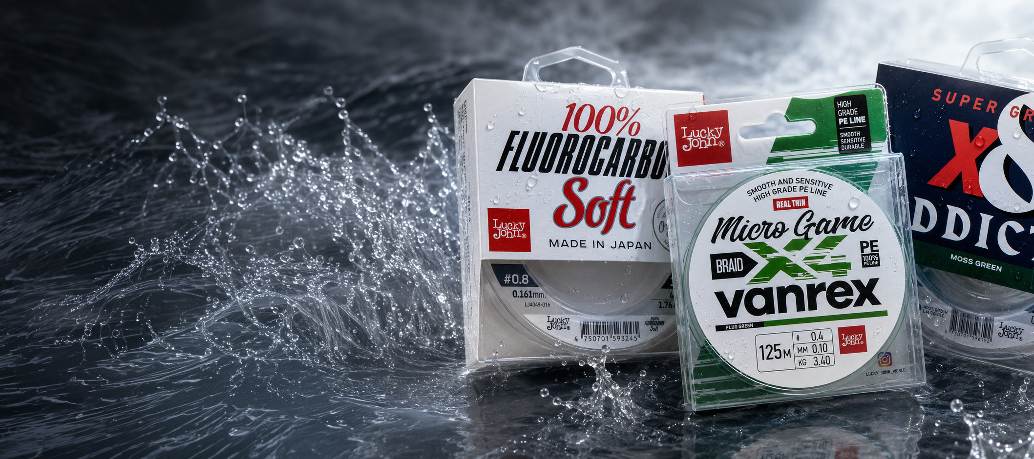 Two fishing line packages standing in splashing water: a white box labeled '100% Fluorocarbon Soft' and a clear plastic spool package labeled 'Micro Game X3 vanrex'.
