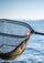 A close-up of a fishing net with a freshly caught fish, set against a blurred background of blue water and sky.