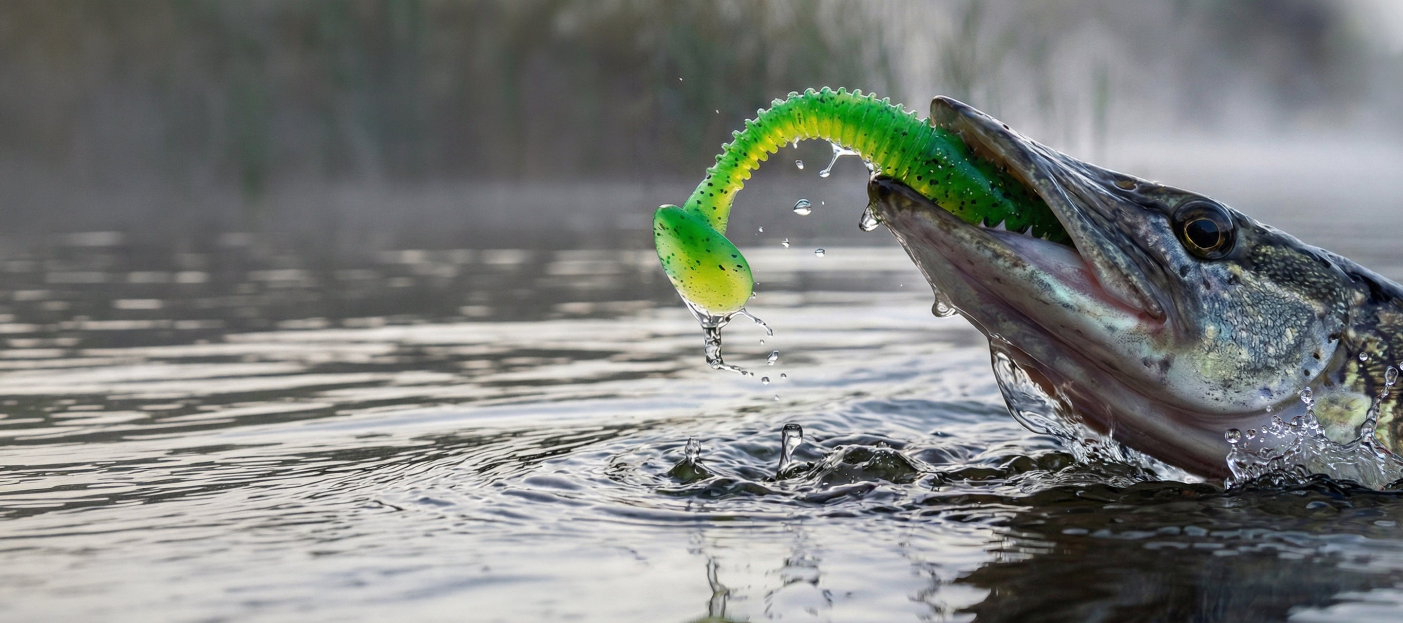 A bright green and yellow soft plastic fishing lure is being bitten by a large fish jumping out of the water, with ripples on the surface and a blurred natural background.