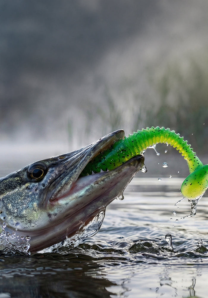 A close-up action shot of a green and yellow soft plastic snake lure being bitten by a fish in splashing water.