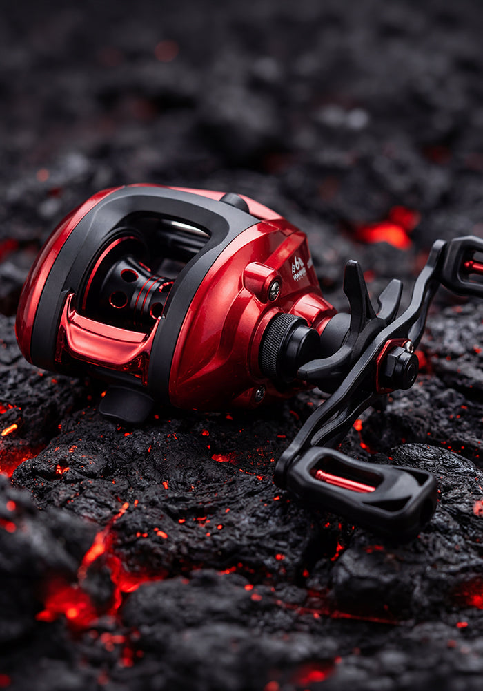 A red and black baitcasting fishing reel with a black handle, resting on a dark textured surface with glowing red embers.
