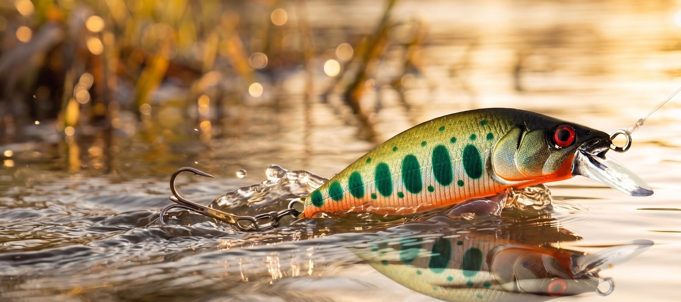 A realistic fishing lure shaped like a small fish, shown partially underwater in water with reeds in the background. The lure has a green and orange body with dark vertical stripes and a silver top.