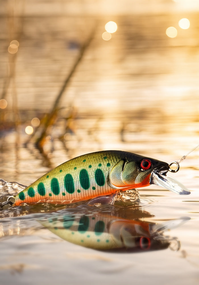 A realistic hard bait fishing lure designed to look like a fish, featuring green and orange spots on a yellow-green body with a black top, shown in water with a reflection and a blurred natural background.